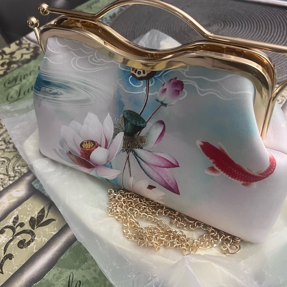 Cream and Gold Clutch with Artistic Print and Metal Frame